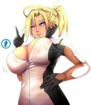  1girl blonde_hair blue_eyes blush breasts cleavage erect_nipples hand_on_hip kazedesune large_breasts mercy_(overwatch) overwatch parted_lips ponytail simple_background solo sweatdrop upper_body white_background 