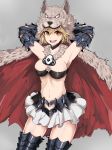  &gt;:d 1girl :d armor armpits arms_behind_head bandeau berserker_(granblue_fantasy) blonde_hair breasts brown_eyes cape collarbone djeeta_(granblue_fantasy) eyebrows eyebrows_visible_through_hair fur_collar granblue_fantasy grey_background hair_between_eyes heart_cutout highres koenza_botoke looking_at_viewer medium_breasts open_mouth pleated_skirt shirt short_hair simple_background skirt smile solo white_shirt wolf_hat 