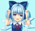  1girl :d blue_background blue_eyes blue_hair bow bowtie bunching_hair cirno fang hair_bow hair_ribbon highres ice ice_wings looking_at_viewer open_mouth ribbon short_hair simple_background smile solo tonchan touhou wings 