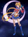  1girl adapted_costume bishoujo_senshi_sailor_moon blonde_hair blue_boots blue_eyes blue_skirt boots bow brooch choker crescent_moon crop_top double_bun earrings fingerless_gloves full_body gloves hair_ornament hairpin hentaitop highres jewelry knee_boots long_hair looking_at_viewer maboroshi_no_ginzuishou magical_girl moon moon_stick navel pleated_skirt red_bow red_gloves sailor_collar sailor_moon signature skirt smile solo standing tsukino_usagi twintails white_gloves 