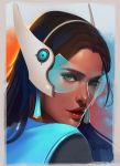  1girl artist_name black_hair dark_skin earrings eyelashes face headgear jewelry lips long_hair looking_at_viewer overwatch parted_lips realistic solo superschool48 symmetra_(overwatch) upper_body visor yellow_eyes 