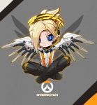  1girl blonde_hair blue_eyes chibi copyright_name english frown hair_over_one_eye highres indian_style mechanical_wings mercy_(overwatch) overwatch pout sharatang sitting solo wings 
