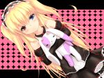  1girl black_dress blonde_hair blue_eyes boku_wa_tomodachi_ga_sukunai dress gothic_lolita hairband hasegawa_kobato heterochromia holding juliet_sleeves koi_ito lolita_fashion lolita_hairband long_hair long_sleeves looking_at_viewer puffy_sleeves red_eyes red_ribbon ribbon ribbon-trimmed_sleeves ribbon_trim smile solo two_side_up white_legwear 