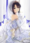  1girl ao_no_neko black_hair bridal_veil dress elbow_gloves gloves long_hair looking_back original solo tiara veil wedding_dress white_dress 