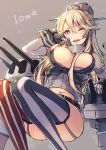  1girl ;d bare_shoulders blonde_hair blue_eyes breasts character_name cleavage elbow_gloves fingerless_gloves garter_straps gloves hair_between_breasts highres iowa_(kantai_collection) kantai_collection large_breasts long_hair machinery midriff miniskirt mismatched_legwear one_eye_closed open_mouth shirt simple_background skirt smile solo star star-shaped_pupils symbol-shaped_pupils tahya thigh-highs tied_shirt 
