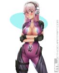  1girl black_gloves blush bodysuit breasts center_opening cleavage cosplay crossed_arms flying_sweatdrops gloves headphones holster mleth nitroplus overwatch pink_eyes pink_hair simple_background solo standing super_sonico sweatdrop thigh_gap thigh_holster widowmaker_(overwatch) widowmaker_(overwatch)_(cosplay) 