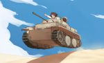  1girl akiyama_yukari bangs blue_sky brown_eyes brown_hair caterpillar_tracks clouds coupon_(skyth) girls_und_panzer green_skirt ground_vehicle highres long_sleeves messy_hair military military_vehicle motor_vehicle neckerchief open_mouth outdoors panzerkampfwagen_iv pleated_skirt sand school_uniform serafuku short_hair skirt sky smile solo tank vehicle white_blouse 