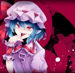  1girl aru16 bat_wings blue_hair bow fangs hat hat_bow highres mob_cap open_mouth pointy_ears red_eyes remilia_scarlet solo touhou wings wrist_cuffs 