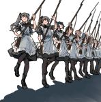  6+girls apron bayonet black_eyes black_legwear boots bow brown_eyes combat_boots commentary gun hair_bow hogeo long_hair maid marching military multiple_girls musket original pantyhose serious shadow short_hair simple_background sketch sling twintails walking weapon white_background 