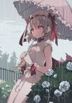  1girl adapted_costume brooch bush clouds dark_clouds dress fence flower from_side garden hair_between_eyes hat holding holding_umbrella jewelry lavender_hair mob_cap outdoors pink_dress rain red_eyes remilia_scarlet rose serious short_hair sketch sleeveless sleeveless_dress touhou tree umbrella usalxlusa white_rose wrist_cuffs 