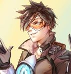  1girl breasts brown_hair ear_piercing gloves goggles highres jacket large_breasts overwatch piercing smile solo tracer_(overwatch) yaya_(shizuku) yellow_background 