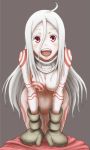  1girl ahoge albino bodysuit breasts collar colored_eyelashes deadman_wonderland gloves gluteal_fold highres long_hair mittens navel open_mouth red_eyes shiro_(deadman_wonderland) silver_hair skin_tight smile solo very_long_hair white_hair you_(maumauyo) 