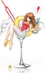  ! 1girl adapted_costume alcohol bare_legs barefoot blue_eyes brown_hair cocktail cocktail_glass cup drink drinking_glass evangelion:_3.0_you_can_(not)_redo eyepatch feet floating_hair full_body ghost hair_ornament highres lance_of_longinus legs lips long_hair long_legs looking_at_viewer neon_genesis_evangelion one-piece_swimsuit orange_hair rebuild_of_evangelion reflection simple_background single_shoe sitting solo souryuu_asuka_langley speech_bubble spoken_exclamation_mark swimsuit thighs toes water wet white_background 