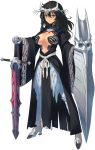 1girl aquaplus armor armored_dress bou breasts cleavage dark_skin detached_sleeves dungeon_travelers_2 full_body hair_ornament highres long_hair looking_at_viewer shield solo standing sword thigh-highs transparent_background weapon wide_sleeves 