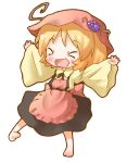  &gt;_&lt; 1girl :d aki_minoriko arinu barefoot blonde_hair chibi closed_eyes full_body happy hat open_mouth outstretched_arms smile solo touhou wide_sleeves xd 