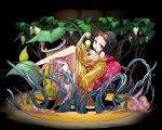  barefoot bellsprout black_hair cleavage cosmo_(465lilia) cosmo_(pixiv12140406) erika_(pokemon) gym_leader japanese_clothes kimono pokemon puzzle_&amp;_dragons short_hair victreebel vines 