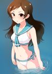  1girl bikini blush brown_eyes brown_hair idolmaster idolmaster_million_live! kitazawa_shiho long_hair navel sailor_bikini sailor_collar sailor_swimsuit_(idolmaster) solo swimsuit wading yasuhito 