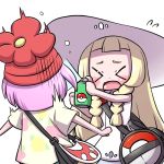  &gt;_&lt; 2girls bag bare_arms beanie blonde_hair blush bottle braid closed_eyes collared_dress dress female_protagonist_(pokemon_sm) floral_print flying_sweatdrops handbag hanya_(hanya_yashiki) hat lillie_(pokemon) long_hair multiple_girls open_mouth poke_ball_theme pokemon pokemon_(game) pokemon_sm purple_hair simple_background sleeveless sleeveless_dress spray_bottle spraying sun_hat sundress twin_braids white_background white_dress white_hat 