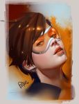  1girl bangs brown_hair face goggles lips lipstick makeup nose overwatch parted_lips portrait short_hair smile solo spiky_hair superschool48 tracer_(overwatch) upper_body 