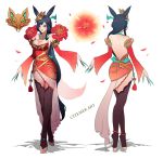  1girl ahri alternate_costume animal_ears anklet artist_name ass bare_back bare_shoulders barefoot black_hair braid breasts citemer cleavage detached_sleeves dress energy_ball facial_mark fingernails flower fox_ears fox_tail hair_ornament jewelry large_breasts league_of_legends long_fingernails long_hair multiple_views nail_polish necklace petals red_eyes sharp_fingernails short_dress side_braid solo tail thigh-highs tiptoes toeless_legwear toes very_long_fingernails very_long_hair whisker_markings 