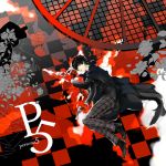  1boy arsene_(persona_5) black_hair checkered checkered_background checkered_floor copyright_name domino_mask flower gloves gun hai highres holding holding_weapon kurusu_akira looking_at_viewer male_focus mask mask_removed messy_hair multicolored_background pants persona persona_5 plaid plaid_pants protagonist_(persona_5) red_gloves rose school_uniform solo trench_coat turtleneck weapon yellow_eyes 