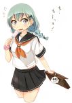  1girl alternate_costume alternate_hairstyle aqua_hair bag blue_eyes braid eating hair_ornament hairclip kantai_collection miss_cloud open_mouth school_bag school_uniform serafuku skirt suzuya_(kantai_collection) sweatdrop twin_braids twintails umino_mokuzu_(shizumisou) 