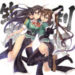  &gt;:d 2girls :d ;) absurdres armadillo-tokage ass black_gloves black_hair black_legwear boots breasts brown_hair chikuma_(kantai_collection) gloves groin highres jpeg_artifacts kantai_collection large_breasts long_hair multiple_girls one_eye_closed open_mouth pelvic_curtain remodel_(kantai_collection) single_thighhigh smile thigh-highs tone_(kantai_collection) twintails v 