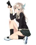  1girl akou_(phoenix777) between_legs black_legwear boku_wa_tomodachi_ga_sukunai controller game_controller gamepad green_eyes green_skirt hair_ornament hand_between_legs highres holding kashiwazaki_sena long_hair looking_at_viewer miniskirt pleated_skirt shoes silver_hair simple_background skirt socks solo uwabaki white_background 