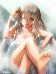  1girl ;q alcohol bangs bathing bathtub breasts collarbone cup drinking_glass dripping eyebrows eyebrows_visible_through_hair feet grey_eyes grey_hair hair_between_eyes head_tilt holding_drinking_glass indoors kantai_collection large_breasts leaning_back legs_crossed light_brown_hair long_hair looking_at_viewer nude one_eye_closed partially_submerged pola_(kantai_collection) ripples sasano_shiki shade short_eyebrows sitting sketch soles solo steam tongue tongue_out twitter_username wavy_hair wet wet_hair wine wine_glass 