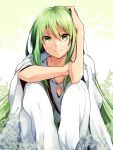  androgynous cape enkidu_(fate/strange_fake) fate/strange_fake fate_(series) green_eyes green_hair highres ichiren_namiro knees_on_chest knees_to_chest long_hair looking_at_viewer robe sidelocks sitting smile solo very_long_hair white_robe 