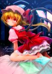  1girl anetarou barefoot blonde_hair character_name crystal dress flandre_scarlet hat hat_ribbon looking_at_viewer looking_back mob_cap puffy_sleeves red_eyes ribbon short_sleeves side_ponytail sitting smile solo sparkle touhou typo wings 