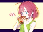  ! 1girl bare_shoulders blue_eyes bra_strap collarbone eating food hamburger highres letterboxed open_mouth original ozyako ozyako0 redhead short_hair simple_background sleeveless solo spoken_exclamation_mark tank_top upper_body wide-eyed yellow_background 