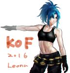  1girl blue_eyes blue_hair breasts cleavage crop_top earrings gloves highres jewelry k.c large_breasts leona_heidern long_hair midriff navel ponytail snk solo tank_top the_king_of_fighters the_king_of_fighters_xiii 