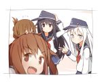  4girls akatsuki_(kantai_collection) anchor_symbol black_eyes black_hair black_legwear black_skirt blue_eyes brown_eyes brown_hair coupon_(skyth) fang flat_cap folded_ponytail hair_between_eyes hair_ornament hairclip hat hibiki_(kantai_collection) ikazuchi_(kantai_collection) inazuma_(kantai_collection) kantai_collection long_hair looking_at_viewer messy_hair multiple_girls neckerchief open_mouth pantyhose pleated_skirt school_uniform serafuku short_hair silver_hair skirt v 