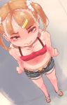  1girl blonde_hair blush breasts child clenched_hands denim_shorts female from_above grey_eyes hair_ornament midriff navel outdoors panties sandals shimetta_seiya small_breasts solo tank_top tears twintails underwear 