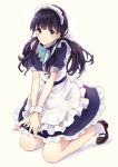  1girl apron commentary_request dress grey_eyes kashiwagi_chisame long_hair low_twintails maid maid_apron maid_headdress original puffy_short_sleeves puffy_sleeves purple_dress purple_hair short_sleeves sitting solo twintails v_arms wariza wrist_cuffs 