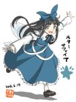  1girl 2016 bangs black_hair blue_bow blue_dress blunt_bangs bow brown_shoes cross-laced_clothes dated dress eyebrows eyebrows_visible_through_hair fairy_wings full_body hair_bow inuno_rakugaki juliet_sleeves long_hair long_sleeves looking_at_viewer open_mouth outstretched_arms puffy_sleeves running shoes simple_background socks solo spread_arms star star_sapphire touhou white_background white_legwear wings yellow_eyes 
