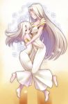  2girls barefoot breasts cleavage closed_eyes dress fate/stay_night fate/zero fate_(series) highres hug illyasviel_von_einzbern irisviel_von_einzbern large_breasts long_dress long_hair long_legs matching_outfit mother_and_daughter multiple_girls red_eyes shimo_(s_kaminaka) silver_hair very_long_hair white_dress 