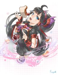  1girl black_hair blue_eyes cup dress food food_on_face hairband highres jam jar long_hair necktie nephthys_(p&amp;d) open_mouth puzzle_&amp;_dragons ranyu_kuro solo table_knife tea teacup toast upper_body 