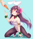  1girl adapted_costume animal_ears black_hair bunny_tail bunnysuit carrot detached_collar kantai_collection kisaragi_(kantai_collection) kneeling long_hair minami_(apricot_tea) one_eye_closed pantyhose rabbit_ears red_eyes solo_focus tail wrist_cuffs 