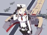  1girl adjusting_clothes adjusting_hat aircraft airplane anchor_symbol black_gloves blonde_hair cannon caplet cnm collared_shirt gloves graf_zeppelin_(kantai_collection) hat junkers_ju_87 kantai_collection mecha_musume military military_uniform necktie pantyhose peaked_cap pleated_skirt shirt skirt twintails uniform violet_eyes white_hat white_shirt 