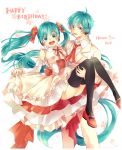  10s 1boy 1girl 2015 carrying character_name corset detached_sleeves dress dual_persona floral_background formal frilled_dress frills genderswap genderswap_(ftm) green_eyes green_hair green_nails hair_ribbon happy_birthday hatsune_miku hatsune_mikuo headset iku_(yu851024) long_hair nail_polish open_mouth princess_carry ribbon round_teeth skirt_hold smile teeth thigh-highs twintails very_long_hair vocaloid 