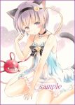  1girl :&lt; :o animal_ears babydoll bangs bare_arms barefoot bell bell_choker black_bow blush border bow bow_panties cat_ears cat_tail choker collarbone colored_pencil_(medium) eyeball frilled_panties frills hair_ornament hairband head_tilt heart heart_background heart_hair_ornament jingle_bell kemonomimi_mode komeiji_satori lingerie looking_at_viewer marker_(medium) panties paw_pose pink_eyes pink_hair potto_(minntochan) sample see-through short_hair sitting sleeveless solo spaghetti_strap tail third_eye touhou traditional_media underwear wariza white_panties 