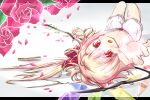  1girl blonde_hair bloomers blush crystal fang flandre_scarlet flower gradient gradient_background letterboxed looking_at_viewer lying musao on_back open_mouth petals red_eyes rose side_ponytail solo topless touhou underwear upside-down wings 