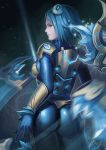  1girl ass blue_hair blurry bodysuit brown_eyes closed_mouth cowboy_shot crystal dantewontdie depth_of_field faulds floating_object from_behind glint glowing headgear highres ice irelia league_of_legends light_smile machinery motion_blur profile short_hair shoulder_pads solo standing 