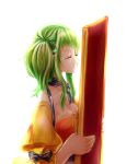  1girl bare_shoulders black_ribbon breasts choker cleavage closed_eyes crying dress evillious_nendaiki flower frame frills glassred_no_shouzou_(vocaloid) green_hair gumi highres holding orange_dress portrait_(object) ribbon seasnow short_hair side_ponytail sidelocks tears vocaloid 