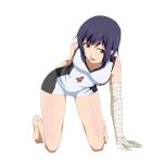  1girl akou_(phoenix777) bakemonogatari bandage barefoot basketball_uniform black_hair brown_eyes collarbone fang highres kanbaru_suruga looking_at_viewer monogatari_(series) open_mouth short_hair solo sportswear 