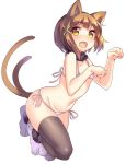  1girl :d animal_ears bikini black_legwear brown_hair cat_ears cat_tail fang hair_ornament jpeg_artifacts mokyu_(kukoudesu) multiple_tails navel open_mouth paw_pose paw_shoes shoes short_hair side-tie_bikini simple_background smile solo swimsuit tail thigh-highs white_background x_hair_ornament yellow_eyes 