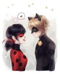  1boy 1girl adrien_agreste bell black_hair blonde_hair blue_eyes bodysuit chat_noir domino_mask earrings from_side green_eyes hair_ribbon heart jewelry jingle_bell ladybug_(character) marinette_dupain-cheng mask miraculous_ladybug myetie open_mouth polka_dot ribbon smile spoken_heart spoken_x star tongue tongue_out twintails 