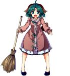  1girl absurdres animal_ears antenna_hair baba_(baba_seimaijo) bamboo_broom blue_eyes broom dog_ears dress eyebrows eyebrows_visible_through_hair fang full_body green_hair highres kasodani_kyouko long_sleeves open_mouth short_hair solo tail touhou transparent_background 